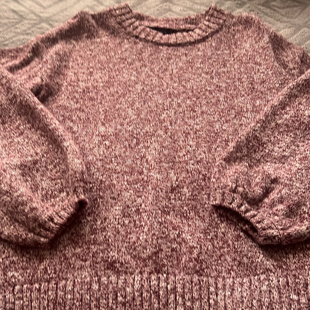 J. Crew Sweater Womens M Maroon Puff Sleeve Crewneck Ribbed Herringbone Stitch
